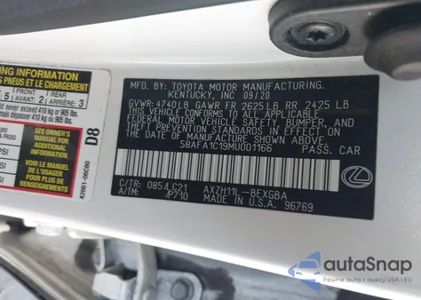 2021 Lexus Es 300H Ultra Luxury из США, поврежденный, VIN 58AFA1C19MU001166